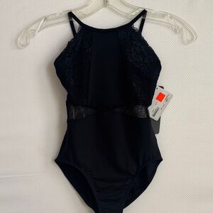 Child - Elegant Black Youth Jr leotard with lace and mesh detail